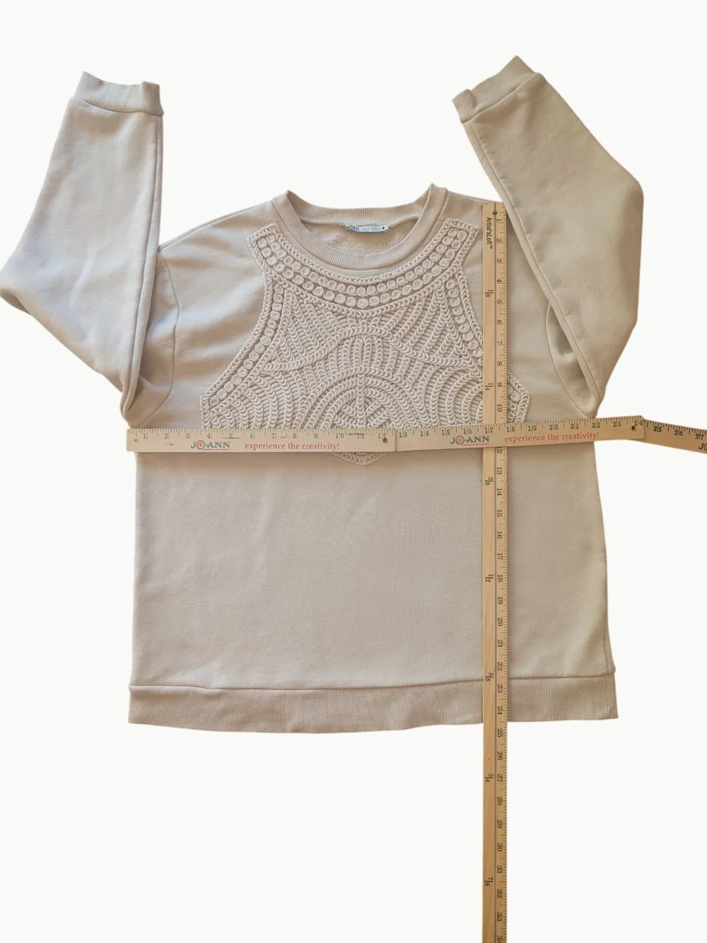 Zara Macrame' Beige Crochet Yoke Boho Pullover Sweatshirt
